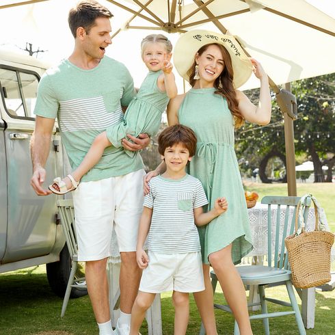 Family Matching Green Halter Neck Sleeveless Drawstring Dresses and Striped Splicing Short-sleeve T-shirts Sets