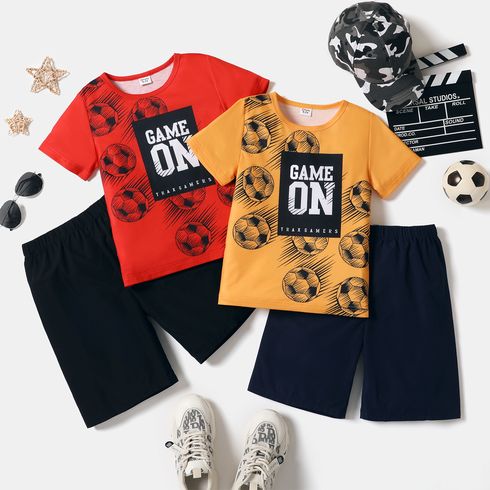 2pcs Kid Boy Letter Soccer Print Short-sleeve Tee and Elasticized Shorts Set
