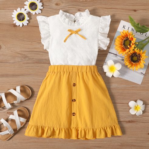 2pcs Kid Girl Ruffle Collar Bowknot Design Hollow out Flutter-sleeve White Blouse and Ruffled Button Design Skirt Set