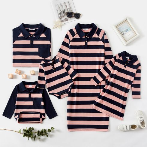 Family Matching Striped Lapel Long-sleeve Dresses and Raglan-sleeve Polo Shirts Sets