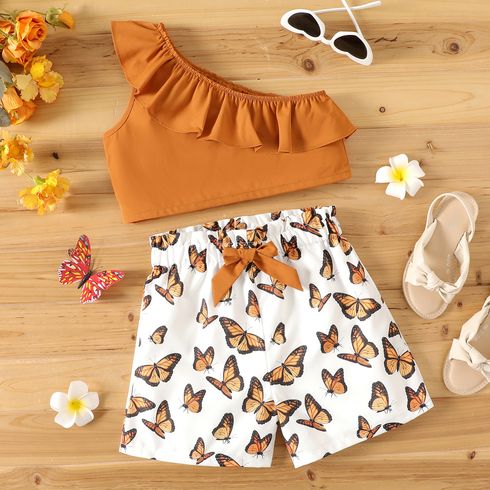 2pcs Kid Girl Ruffled One Shoulder Brown Tank Top and Butterfly Print Bowknot Design Shorts Set