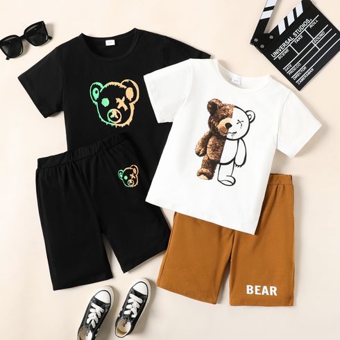 2-piece Kid Boy Animal Bear Print Short-sleeve Tee and Elasticized Shorts Set