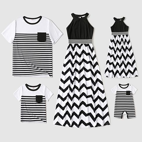 Family Matching Black Halter Neck Off Shoulder Splicing Chevron Striped Maxi Dresses and Short-sleeve T-shirts Sets