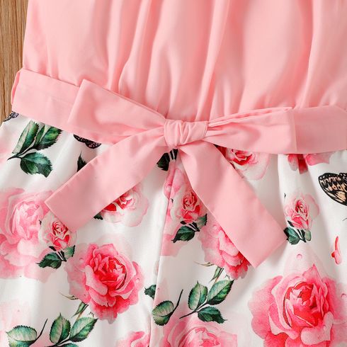 Kid Firl Floral Print Splice Flounce Belted Off Shoulder Cami Jumpsuits Pink big image 3