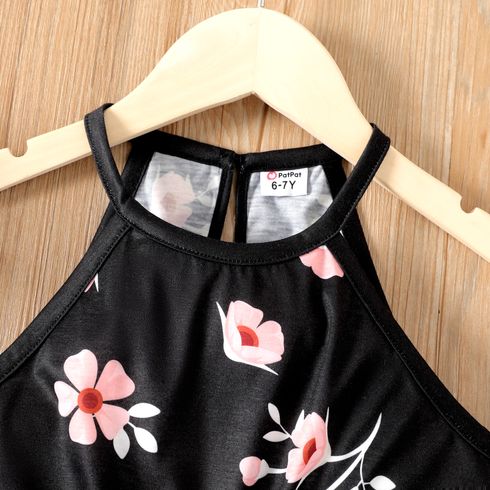 Kid Girl Floral Print Halter Rompers Black big image 4