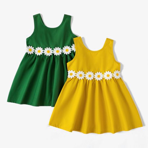 Toddler Girl 3D Floral Design Back V Neck Solid Color Sleeveless Dress