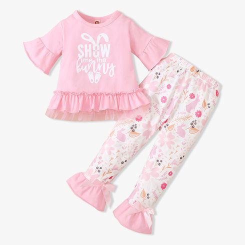Easter 2-piece Toddler Girl Letter Rabbit Print Mesh Design Pink Tee and Bowknot Floral Print Flared Pants Set