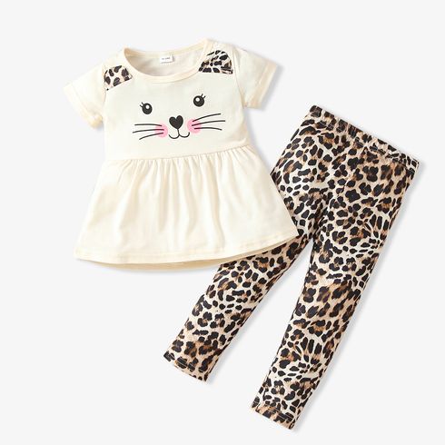 2-piece Toddler Girl Letter Cat Print Ear Design Tee and Leopard Print Pants Set