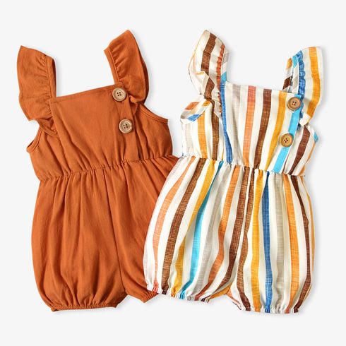 Baby Girl 100% Cotton Brown/Multicolor Striped Sleeveless Ruffle Romper