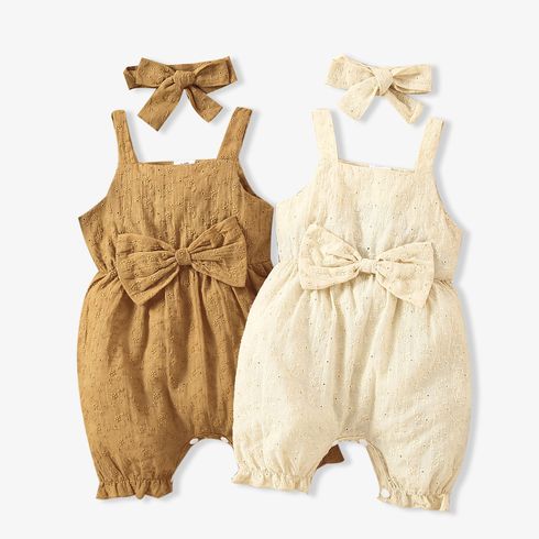 100% Cotton 2pcs Baby Girl Solid Floral Embroidered Sleeveless Spaghetti Strap Bowknot Jumpsuit with Headband Set