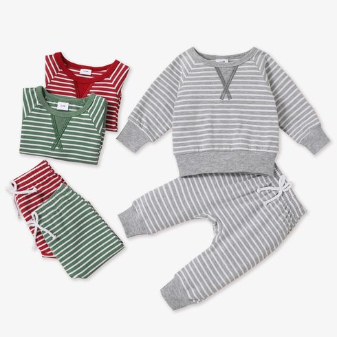 2pcs Baby 95% Cotton Long-sleeve All Over Striped Pullover and Trousers Set