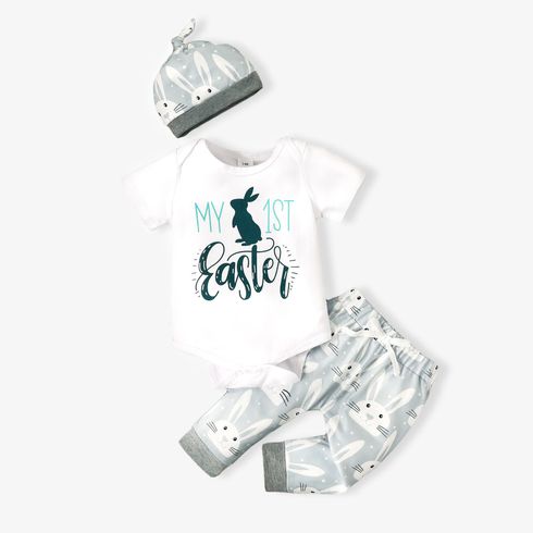 Easter 3pcs Baby Boy/Girl 95% Cotton Short-sleeve Rabbit Letter Print Romper and Pants with Hat Set