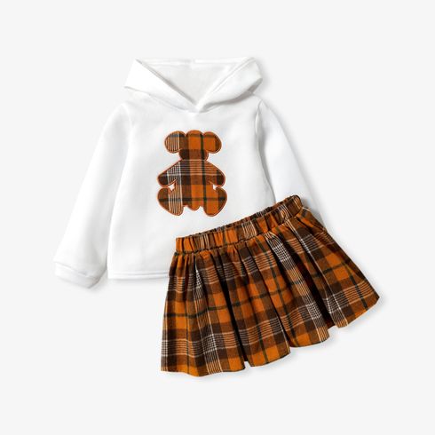 2-piece Toddler Girl Bear Embroidered Hoodie Sweatshirt and Plaid Skirt Set