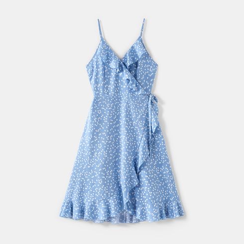 All Over Dots Print Blue Sleeveless Spaghetti Strap V Neck Ruffle Wrap Dress for Mom and Me lightbluewhite big image 2