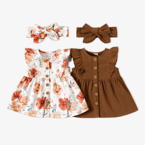2pcs Baby Girl 100% Cotton Solid/Floral-print Sleeveless Ruffle Button Up Dress with Headband Set