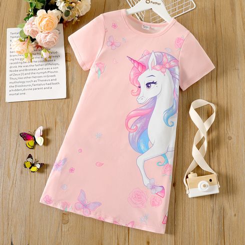 Kid Girl Unicorn Print Short-sleeve Light Pink Dress Light Pink big image 1