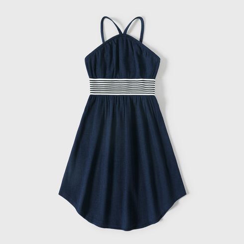 Family Matching Solid Spaghetti Strap Dresses and Striped Colorblock Short-sleeve T-shirts Sets Tibetanblue big image 6