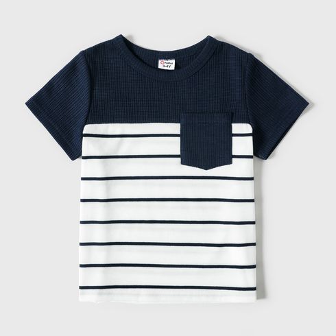 Family Matching Solid Spaghetti Strap Dresses and Striped Colorblock Short-sleeve T-shirts Sets Tibetanblue big image 11