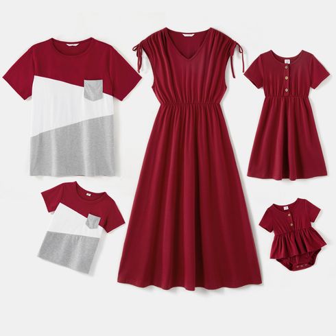 Family Matching Solid V Neck Drop Shoulder Drawstring Short-sleeve Dresses and Colorblock T-shirts Sets