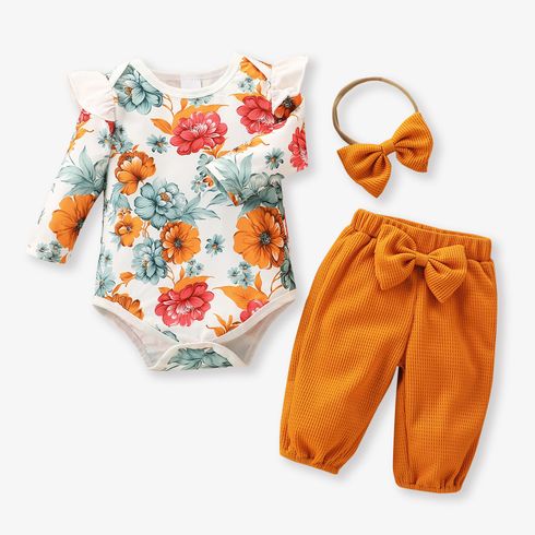 Baby 3pcs Floral Print Long-sleeve Romper and Solid Waffle Trouser Set