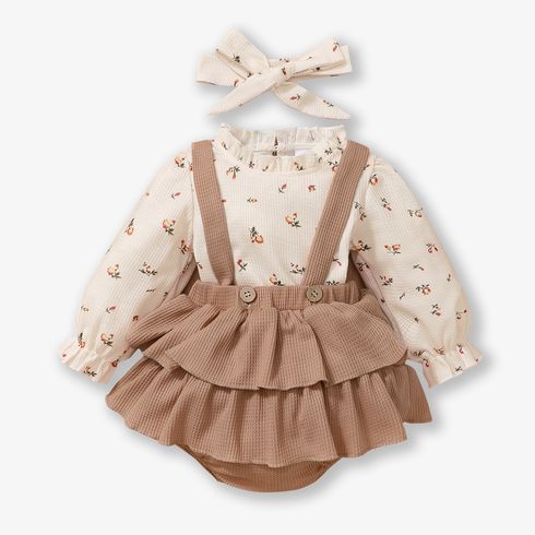 3pcs Baby Floral Print Long-sleeve Top and Ruffle Suspender Skirted Shorts Set
