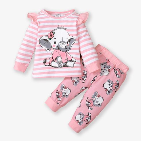 2pcs Baby Girl 95% Cotton Long-sleeve Cartoon Elephant Print Grey Striped Top and Trousers Set