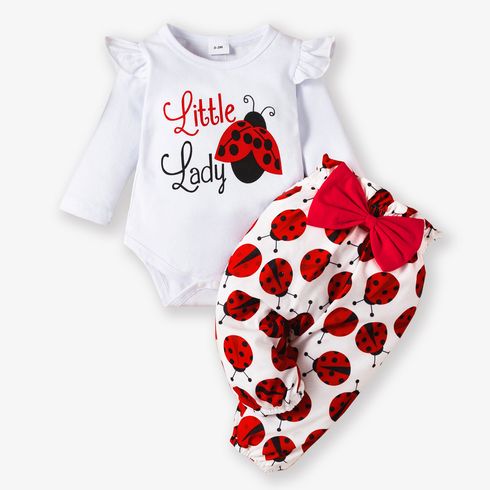 3pcs Baby Girl 95% Cotton Ruffle Long-sleeve Ladybug Letter Print Romper and Bowknot Trousers with Headband Set