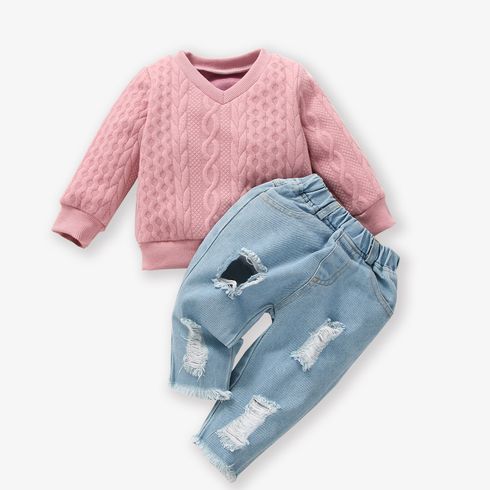 2pcs Baby Girl Imitation Knitting Long-sleeve Pullover and Ripped Jeans Set