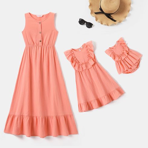 100% Cotton Crepe Solid Button Design Sleeveless Ruffle Dress for Mom and Me