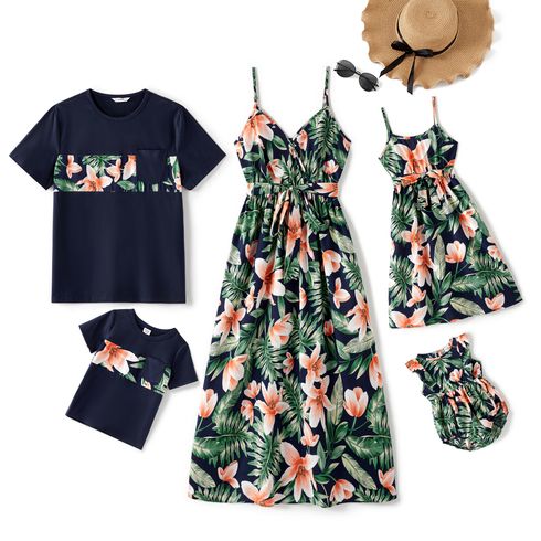 Floral Print V Neck Spaghetti Strap Dresses and Splicing Short-sleeve T-shirts Family Matching Sets