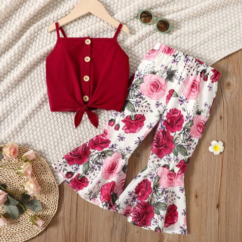 2pcs Toddler Girl Tie Knot Button Design Burgundy Camisole and Floral Print Falred Pants Set