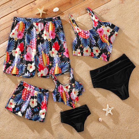 Family Matching All Over Floral Print Swim Trunks Shorts and Two-Piece Bikini Set Swimwear