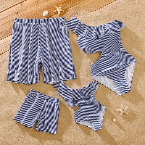 Family Matching Blue Pinstriped Swim Trunks Shorts and One Shoulder Ruffle Hollow Out One-Piece Swimsuit