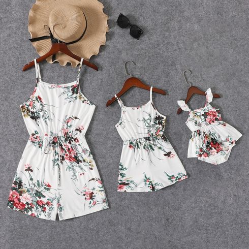 Floral Print White Sleeveless Spaghetti Strap Romper for Mom and Me