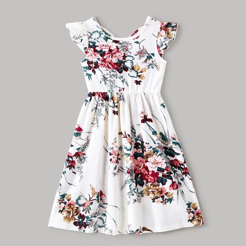 Family Matching All Over Floral Print Spaghetti Strap Dresses and Colorblock Short-sleeve T-shirts Sets White big image 5