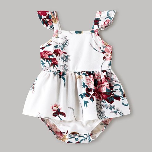 Family Matching All Over Floral Print Spaghetti Strap Dresses and Colorblock Short-sleeve T-shirts Sets White big image 7