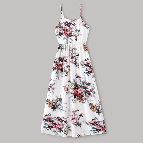 Family Matching All Over Floral Print Spaghetti Strap Dresses and Colorblock Short-sleeve T-shirts Sets White big image 2