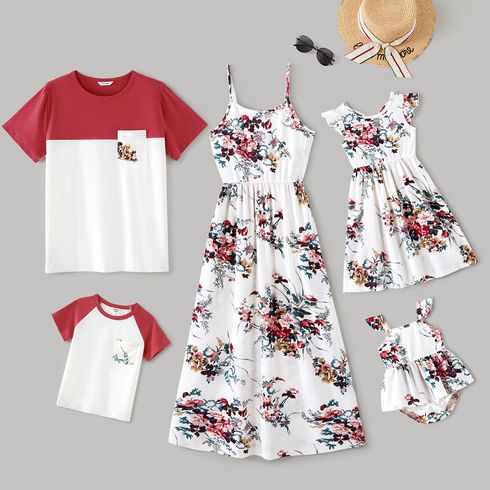 Family Matching All Over Floral Print Spaghetti Strap Dresses and Colorblock Short-sleeve T-shirts Sets
