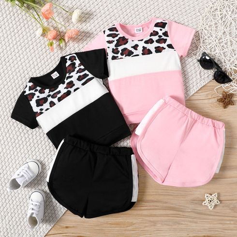 2pcs Baby Girl Leopard Colorblock Short-sleeve T-shirt and Shorts Set