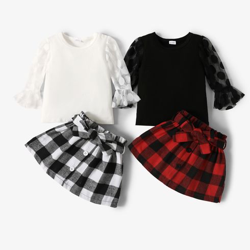 2-piece Toddler Girl Polka dots Mesh Puff-sleeve Blouse and Button Design Plaid Skirt with Belt Set