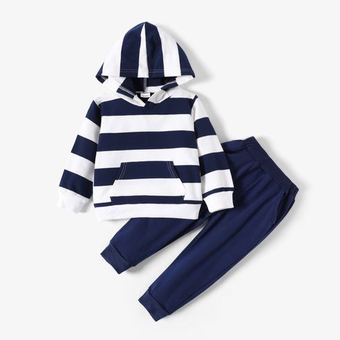 2-piece Toddler Boy Stripe Pocket Design Hoodie and Dark Blue Pants Set