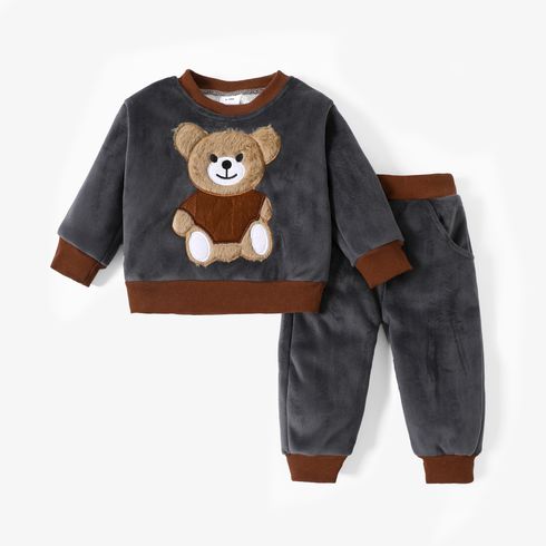 2pcs Baby Boy 95% Cotton Long-sleeve Cartoon Bear Pattern Thickened Fleece Lined Pullover and Trousers Set