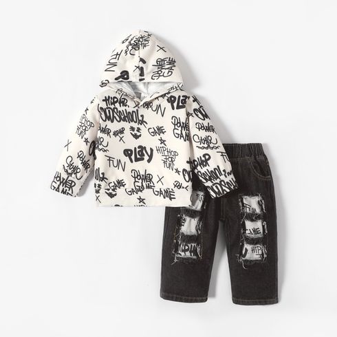 2pcs Baby Boy 95% Cotton Denim Ripped Jeans and All Over Graffiti Letter Print Long-sleeve Hoodie Set