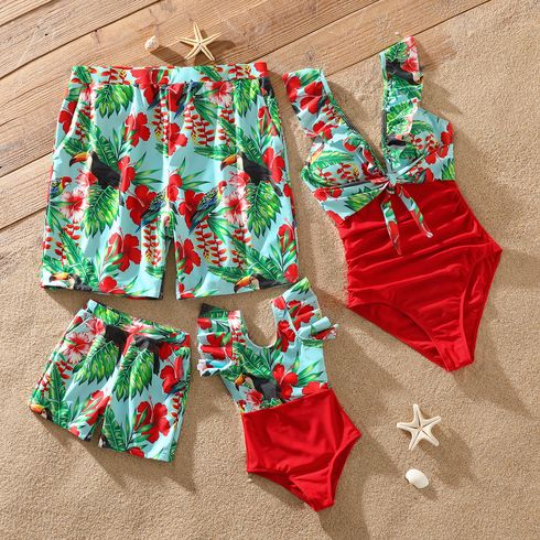 Family Matching All Over Tropical Plants Parrot Print Swim Trunks Shorts and Ruffle Splicing One-Piece Swimsuit