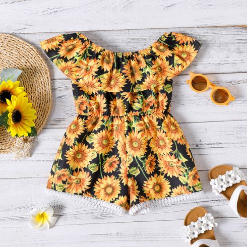Toddler Girl Floral Print Flounce Lace Hem Sleeveless Rompers