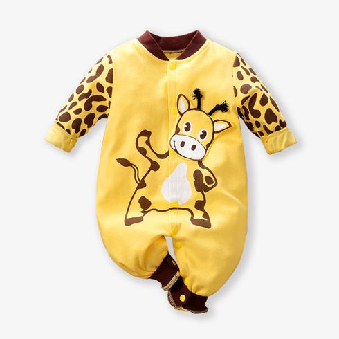 100% Cotton Giraffe Print Long-sleeve Yellow Baby Jumpsuit