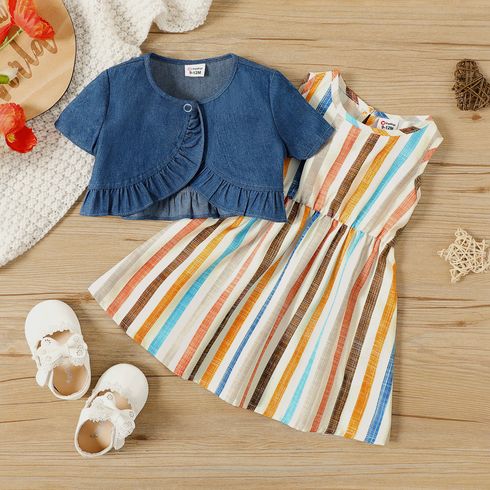 2pcs Baby Girl Short-sleeve Imitation Denim Ruffle Cardigan and Sleeveless Striped Dress Set