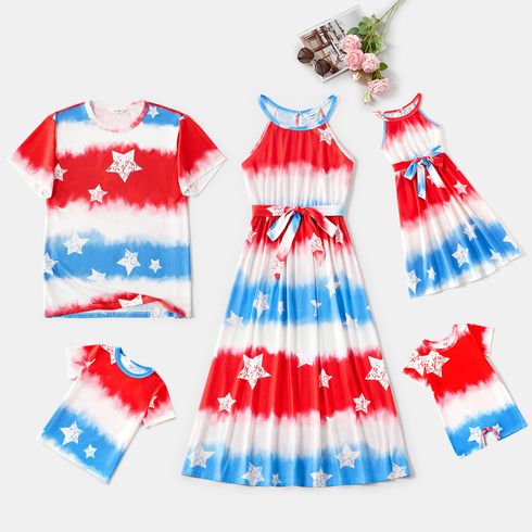 Family Matching All Over Stars Print Tie Dye Halter Neck Dresses and Short-sleeve T-shirts Sets