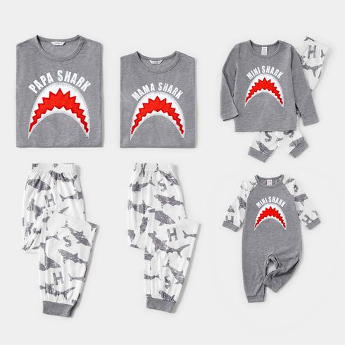 Family Matching Grey Long-sleeve Letter and Shark Print Pajamas Sets (Flame Resistant)