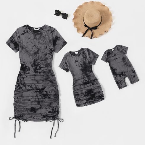 Black Tie Dye Short-sleeve Ruched Drawstring Bodycon Dress for Mom and Me
